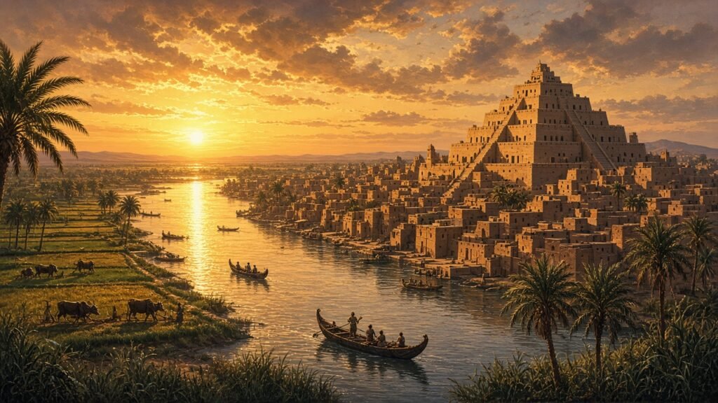 Ruinas de una antigua ciudad junto a un río al atardecer