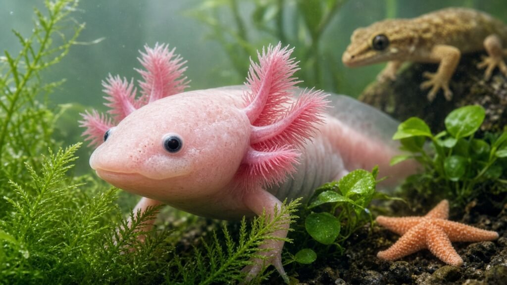 Ajolote rosado con branquias externas entre plantas acuáticas