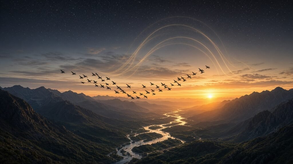 Bandada de aves migratorias en formación en V sobre montañas al atardecer
