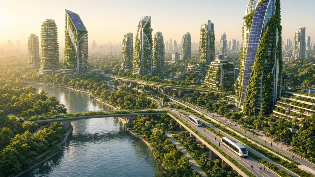 Vista aérea de una ciudad futurista con rascacielos cubiertos de vegetación y paneles solares