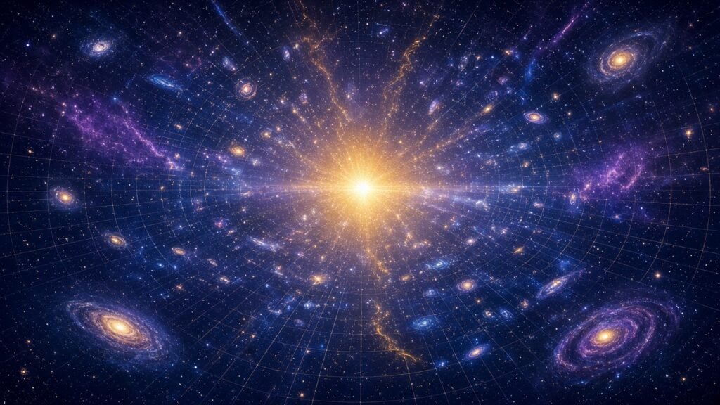 Galaxias que se alejan de un punto luminoso central sobre una red del espacio-tiempo