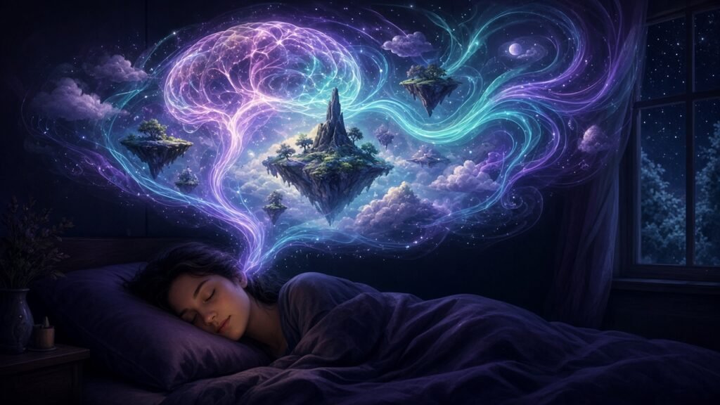 Persona dormida con un cerebro luminoso que proyecta paisajes oníricos