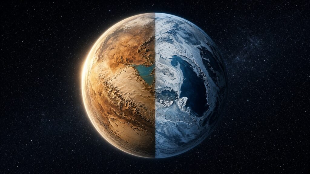 La Tierra vista desde el espacio con un hemisferio desértico y abrasado y otro congelado