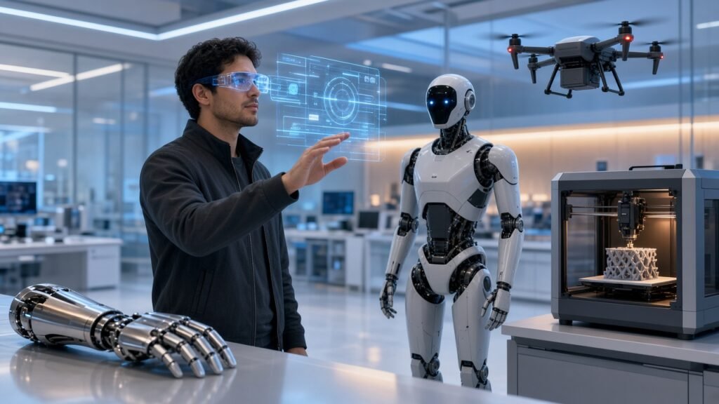 Persona con gafas de realidad aumentada junto a un robot humanoide, un dron y una impresora 3D