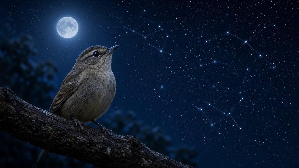 Pajarillo posado en una rama mirando un cielo estrellado