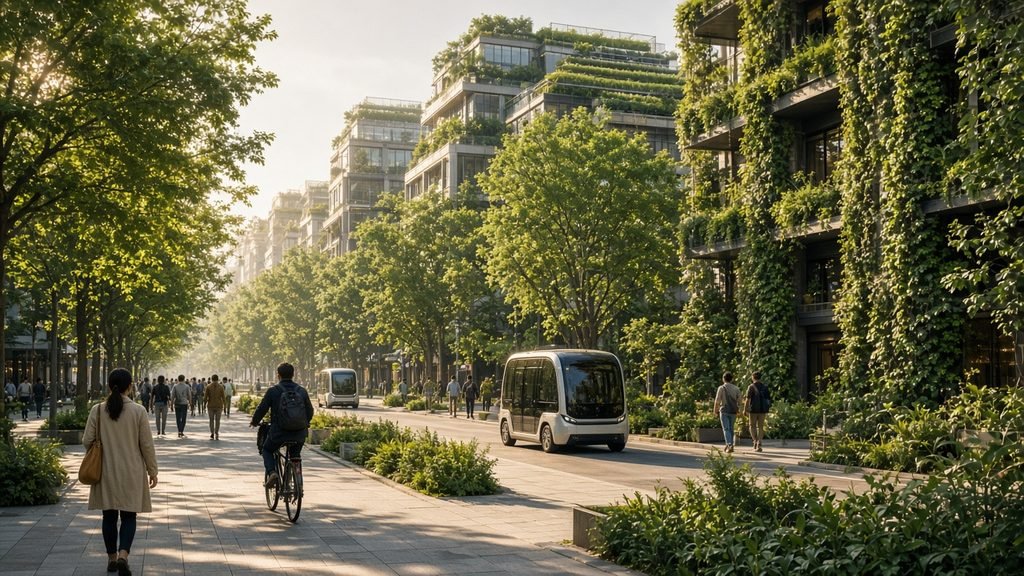 Calle peatonal del futuro con árboles, ciclistas y transporte eléctrico
